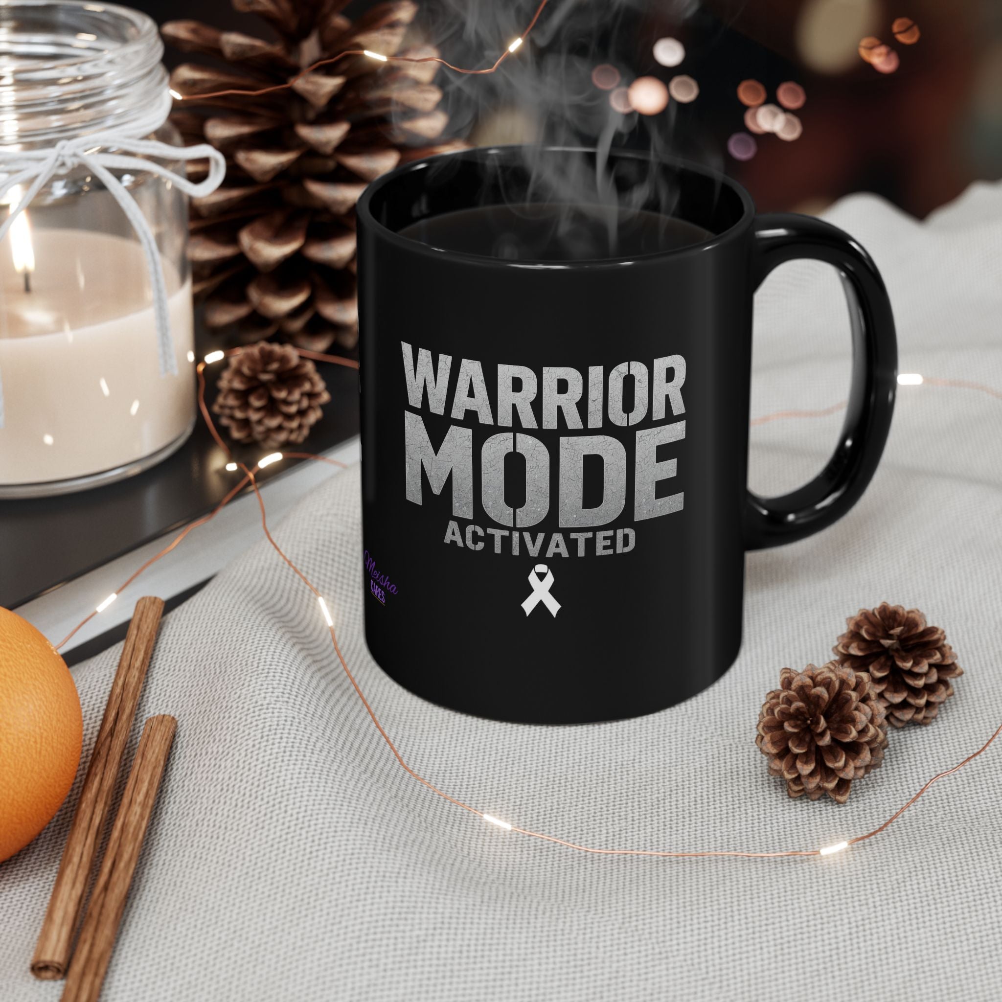 Warrior Mode Activated Black Mug — Motivational Cancer Awareness Coffee Cup