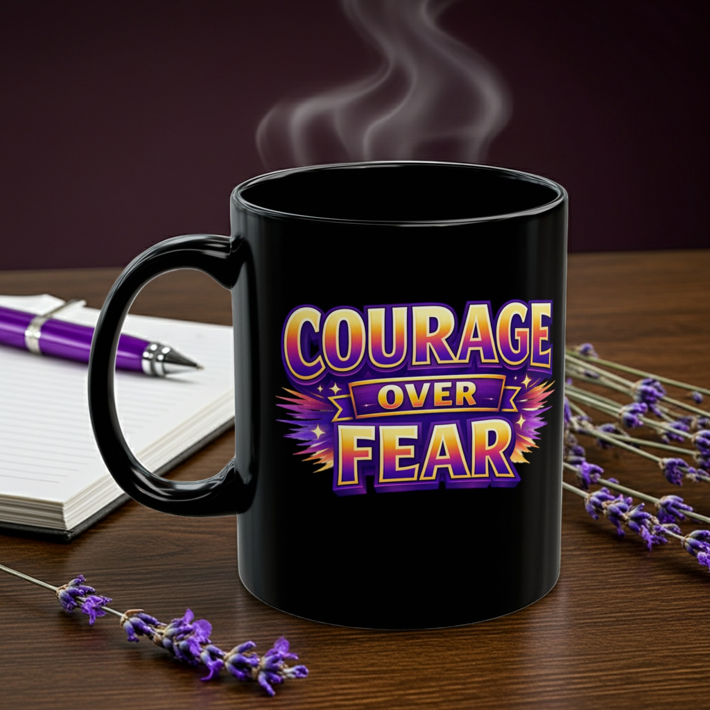 Courage Over Fear Coffee Mug — Inspirational Black Ceramic (11oz & 15oz)