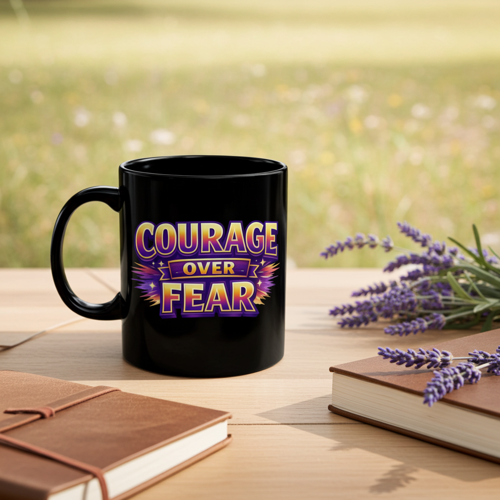 Courage Over Fear Coffee Mug — Inspirational Black Ceramic (11oz & 15oz)